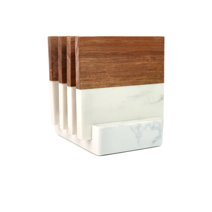 Personalized Marble & Acacia Wood Coasters - Set of 4 with Stand