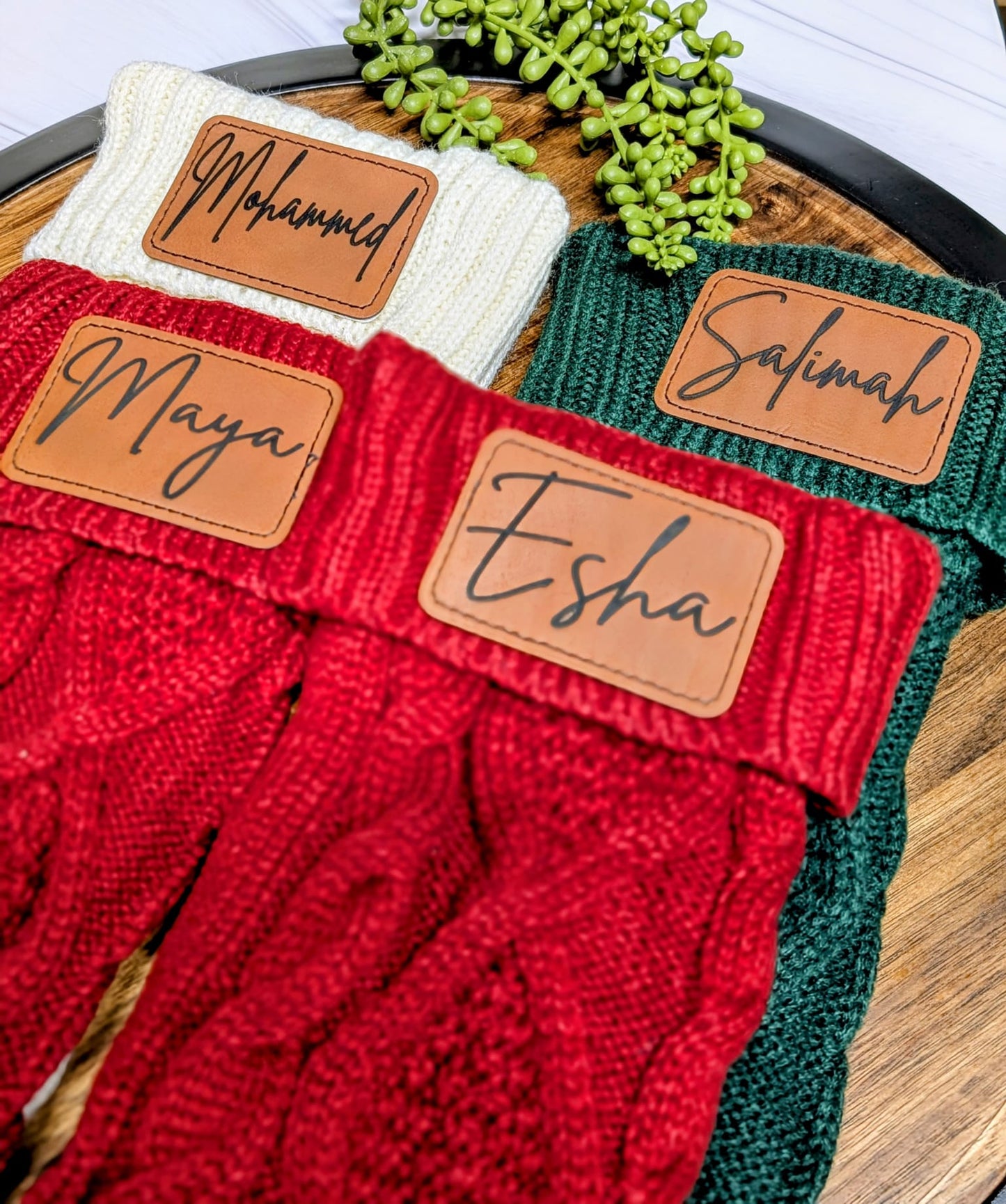 Personalized Knit Christmas Stocking with Custom Leather Patch