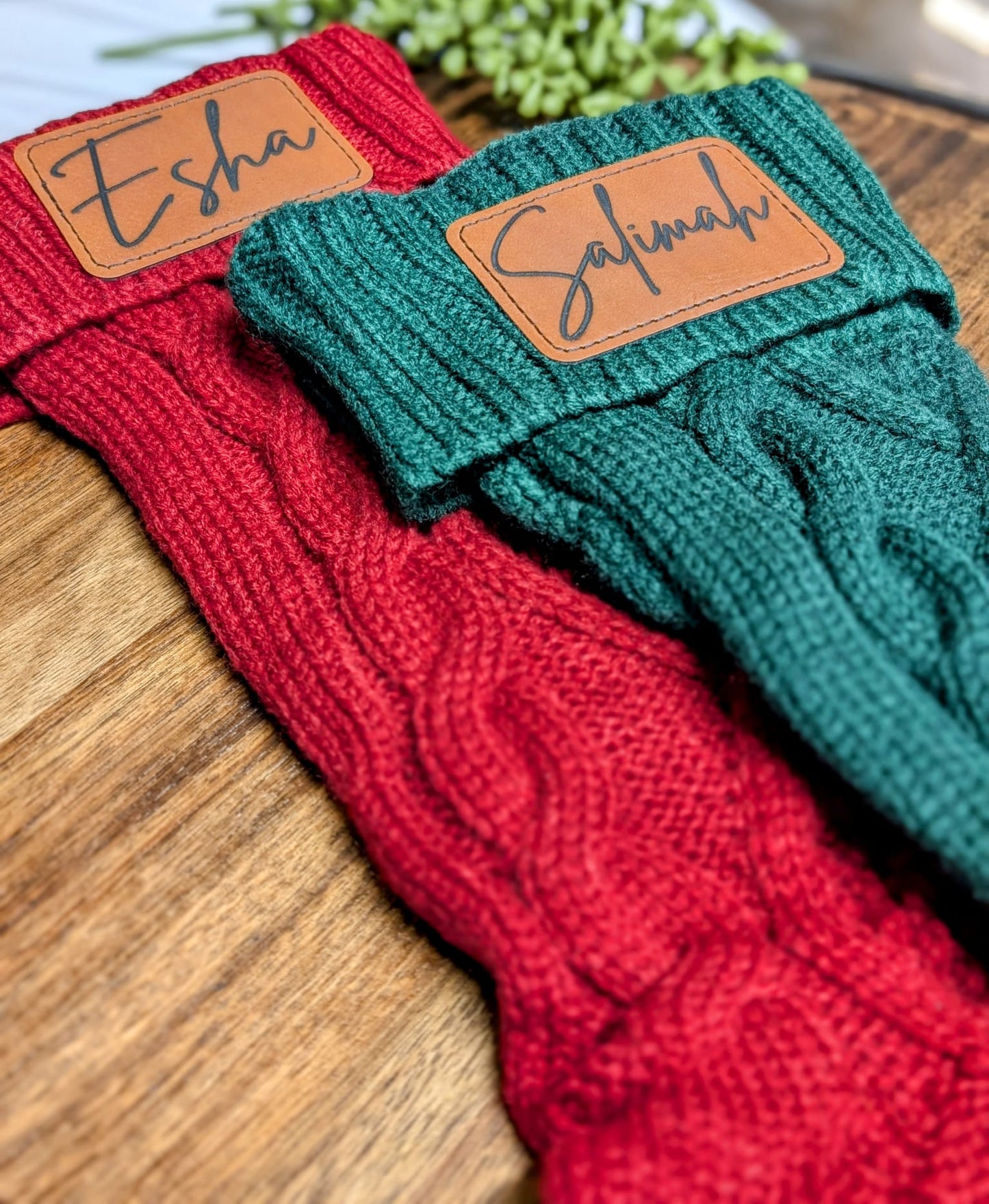 Personalized Knit Christmas Stocking with Custom Leather Patch