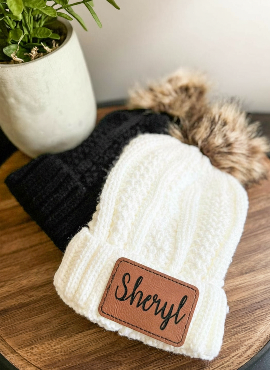 Kids Knit Beanie with Personalized Leather Patch