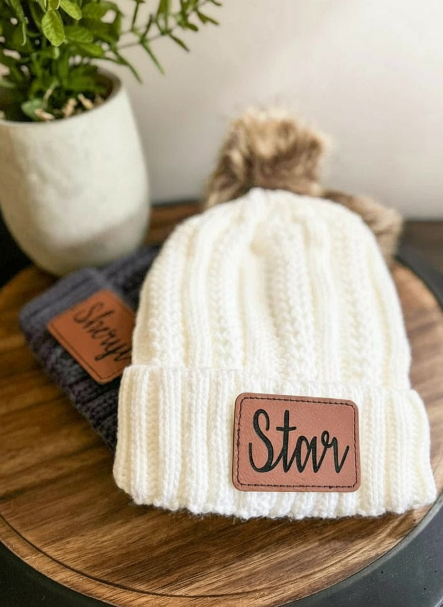 Adult Knit Beanie with Personalized Leather Patch