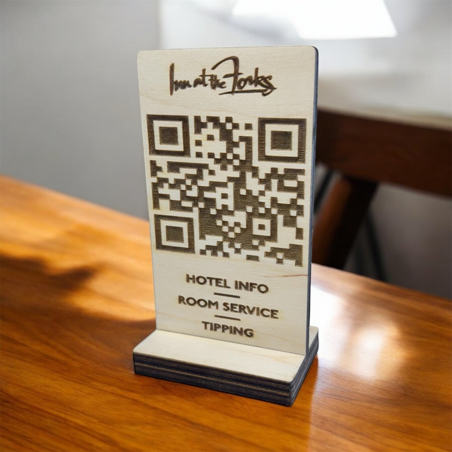 3x5 Wooden QR Code with attached stand - perfect for restaurants, hotel rooms, and business