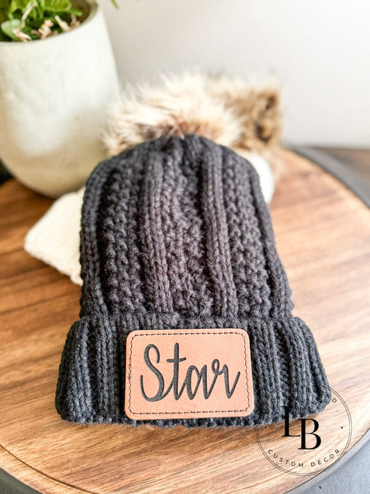 Kids Knit Beanie with Personalized Leather Patch