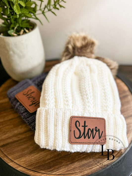 Adult Knit Beanie with Personalized Leather Patch