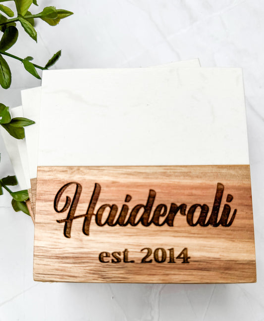 Personalized Marble & Acacia Wood Coasters - Set of 4 with Stand