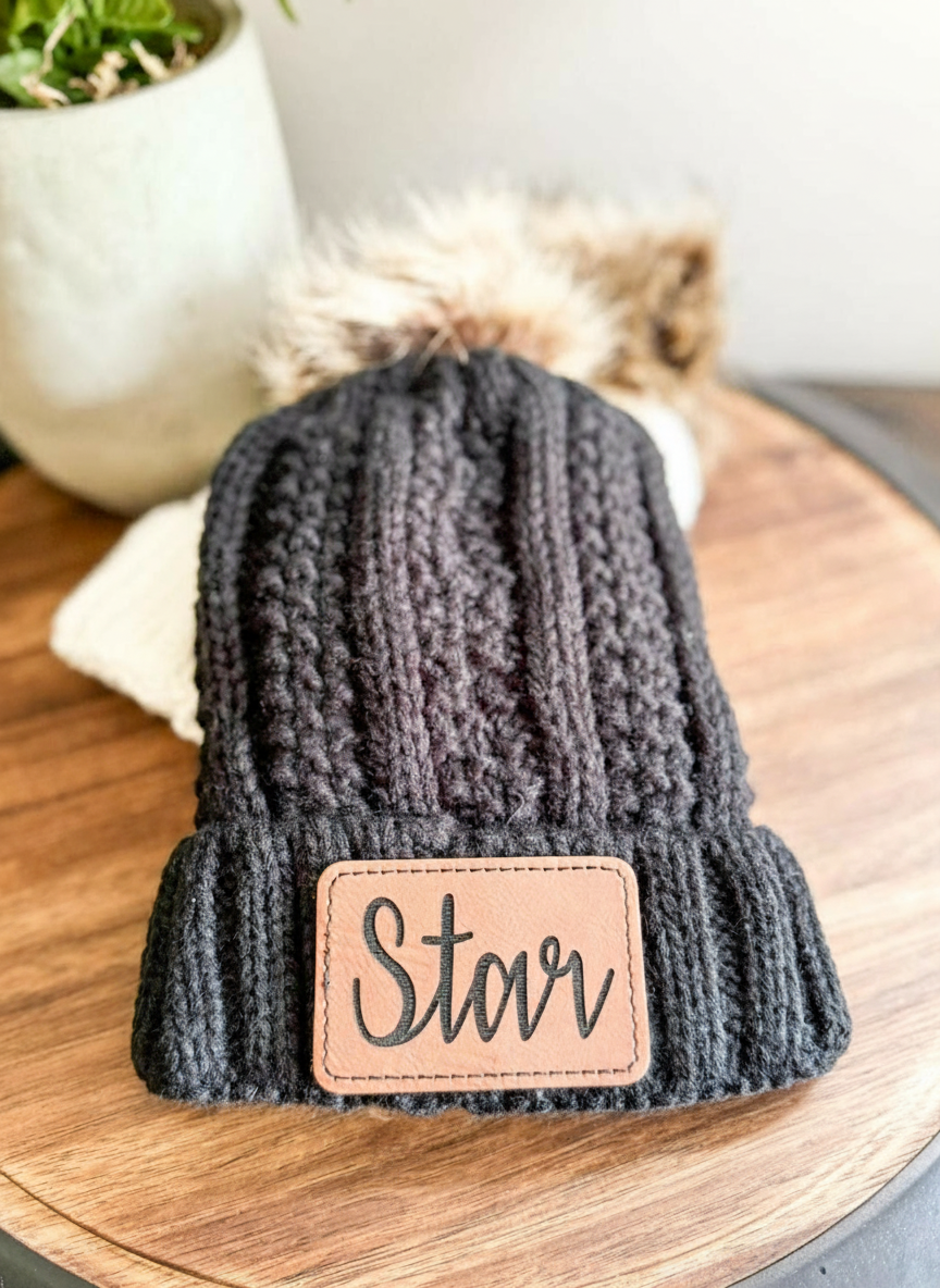 Kids Knit Beanie with Personalized Leather Patch