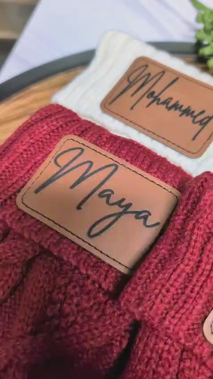 Personalized Knit Christmas Stocking with Custom Leather Patch